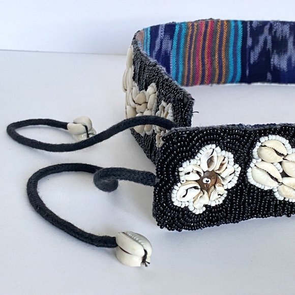 BOHO Black White Beaded Hippie Cowrie Shell & Coconut Buttons Women's Tied Belt - Picture 4 of 5